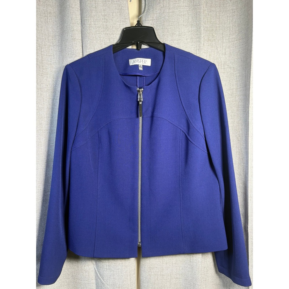 Kasper Womens Royal Blue Collarless Zip Front Blazer Jacket Size 14